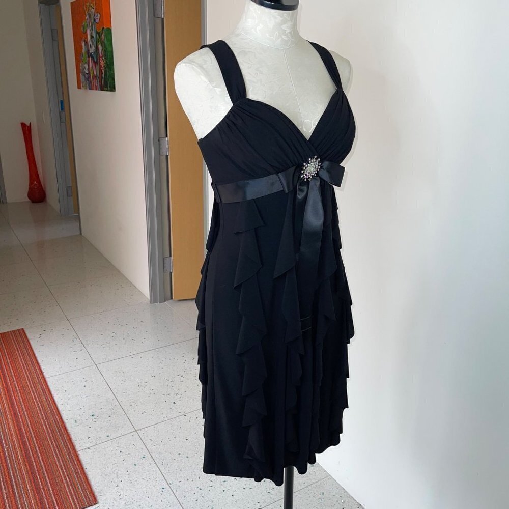 Cache Womens Ruffle Dress Black Size 6 Chiffon Long Ribbon Rhinestone Brooch Bow - Picture 10 of 12